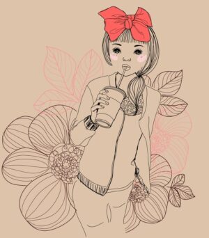 وکتور نقاشی دختر نوجوان با لیوان نوشیدنی و پاپیون قرمز بزرگ - وکتور تصویرسازی خطی از دختر نوجوان فشن کنار گلهای طرح خطی