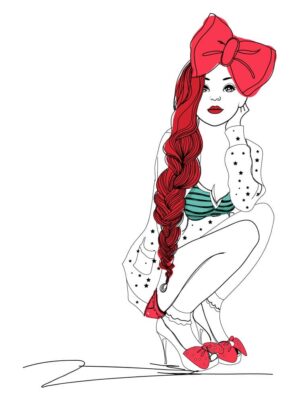 وکتور نقاشی دختر جوان نشسته پاپیون قرمز بزرگ و موهای بلند - وکتور تصویرسازی دختر فشن و مدلینگ با پاپیون بزرگ قرمز حالت نشسته