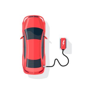 وکتور خودرو برقی قرمز در ایستگاه شارژ در حال شارژ مجدد باطری - وکتور انرژی های پاک و زمین سبز