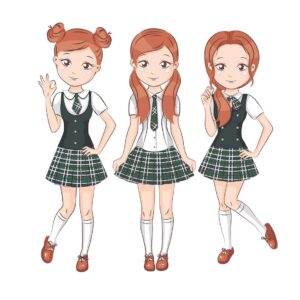 3 وکتور دختر نوجوان شاد با لباس مدرسه ایستاده کنارهم - وکتور دانش آموزان دختر با روپوش مدرسه