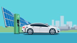 وکتور پس زمینه خودرو برقی و پنلهای انرژی خورشیدی اتومبیل برقی در حال شارژ باطری - وکتور پس زمینه انرژی های پاک و تجدید پذیر و زمین سبز