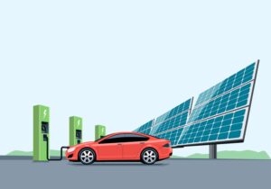وکتور پس زمینه خودرو برقی و پنل خورشیدی اتومبیل برقی در حال شارژ باطری - وکتور پس زمینه انرژی های پاک و تجدید پذیر و زمین سبز
