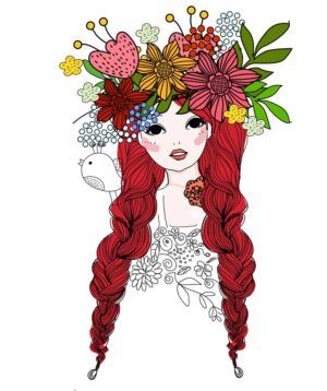 وکتور دختر نوجوان با تاج گل و موهای بلند - وکتور تصویرسازی دختر فشن با المانهای دسته گل و پرنده