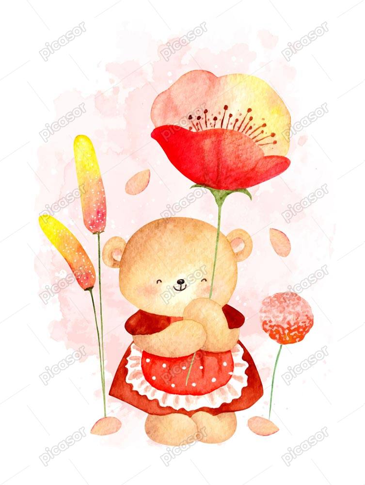 وکتور نقاشی خرس کوچولو کنار گل شقایق – وکتور نقاشی آبرنگی تدی بر در جنگل گل