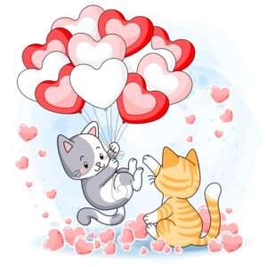 وکتور بچه گربه کارتونی و بالن قلبی - وکتور کارتونی 2 بچه گربه در حال بازی با بالن بادکنکی