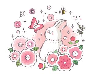 وکتور خرگوش سفید کارتونی در باغ گلها با گل و پروانه و زنبور
