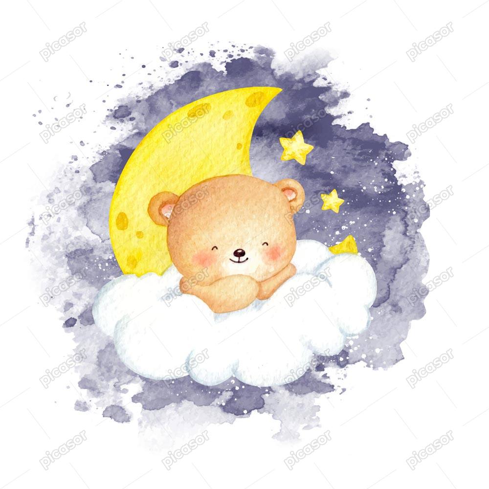 وکتور بچه خرس روی ابر و ماه طرح آبرنگی – وکتور نقاشی آبرنگی تدی بر روی ابر و آسمان شب