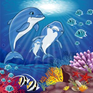 وکتور دلفین و حیوانات دریایی - وکتور تصویر سازی کارتونی دنیای زیر آب و حیوانات