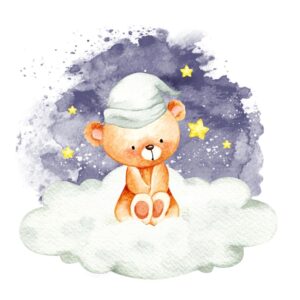 وکتور بچه خرس روی ابر و ستاره طرح آبرنگی - وکتور نقاشی آبرنگی تدی بر روی ابر و آسمان شب