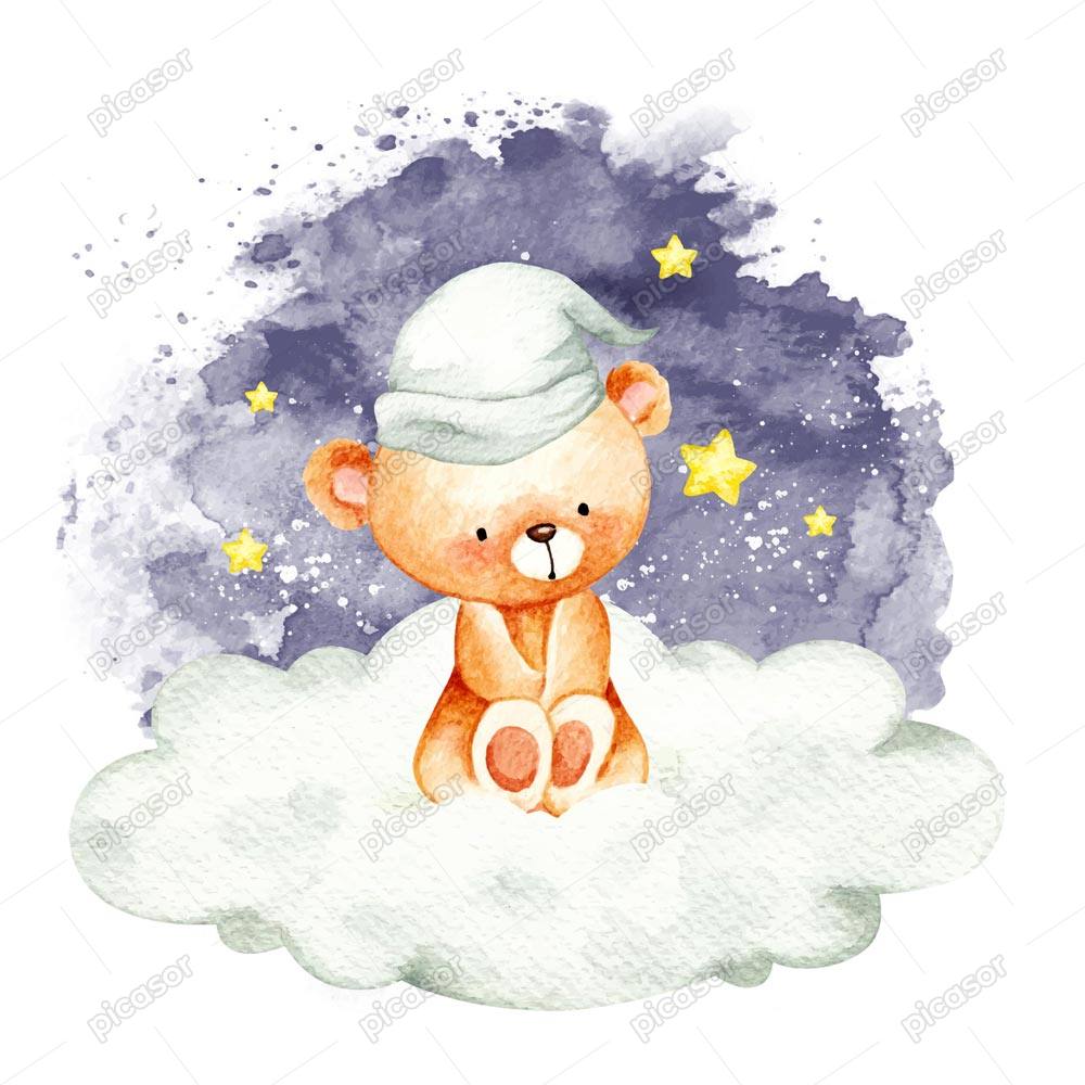 وکتور بچه خرس روی ابر و ستاره طرح آبرنگی – وکتور نقاشی آبرنگی تدی بر روی ابر و آسمان شب