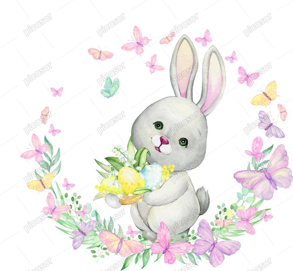 وکتور بچه خرگوش و حلقه گل و پروانه طرح آبرنگی – وکتور نقاشی آبرنگی بچه خرگوش و گل و پروانه