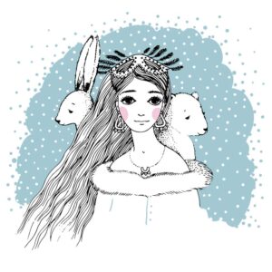 وکتور دختر و خرگوش و بچه خرس زمینه برفی - وکتور نقاشی اسکچ دختر و خرگوش زمینه زمستان برفی
