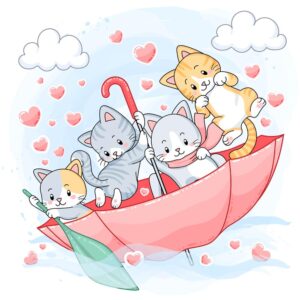 وکتور بچه گربه های کارتونی روی چتر - وکتور 4 بچه گربه شیطون روی چتر و رودخانه