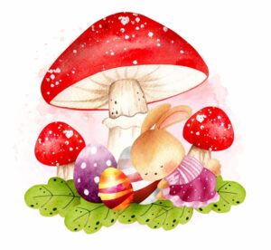 وکتور بچه خرگوش قارچ قرمز و تخم مرغ های رنگی طرح نقاشی آبرنگی - وکتور نقاشی آبرنگی خرگوش کوچولو در جنگل
