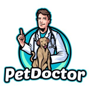 وکتور لوگو دامپزشک مرد کنار سگ با گوشی و لباس پزشکی - وکتور لوگو دکتر حیوانات تصویرسازی دامپزشک