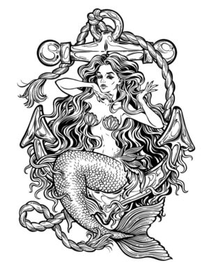 وکتور نقاشی پری دریایی و لنگر تصویرسازی پری دریایی زیبا طرح تتو