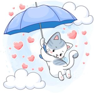 وکتور بچه گربه کارتونی پرواز با چتر در آسمان