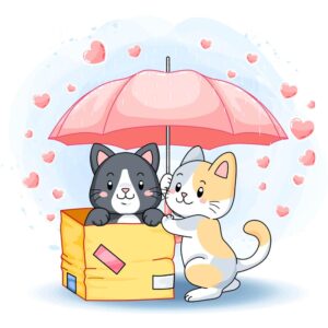 وکتور بچه گربه های کارتونی خندان زیر چتر در باران قلب