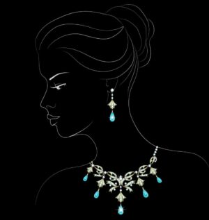 وکتور زن گردنبند و گوشواره الماس جواهر آبی - وکتور زن جوان با گردنبند گوشواره وکتور خطی زن جوان