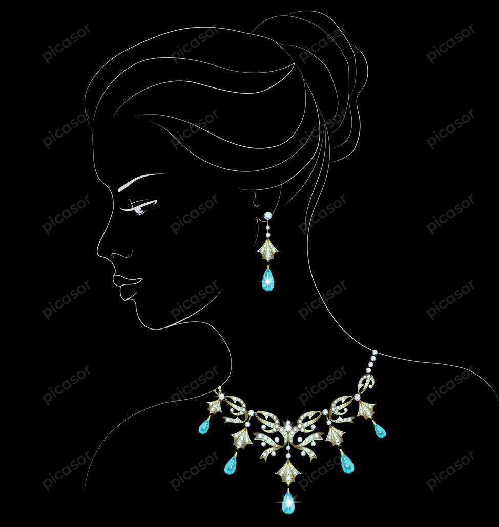 وکتور زن گردنبند و گوشواره الماس جواهر آبی – وکتور زن جوان با گردنبند گوشواره وکتور خطی زن جوان