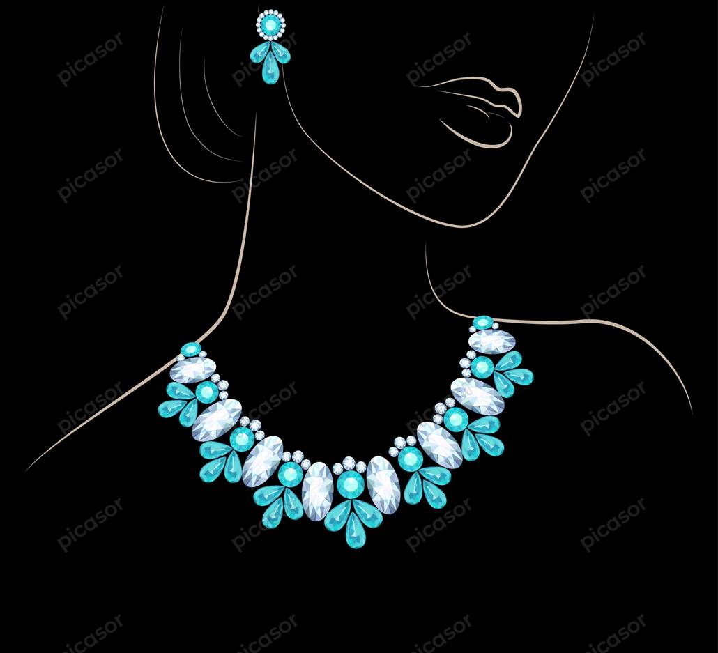 وکتور زن گردنبند الماس جواهر آبی – وکتور زن جوان با گردنبند وکتور خطی زن جوان