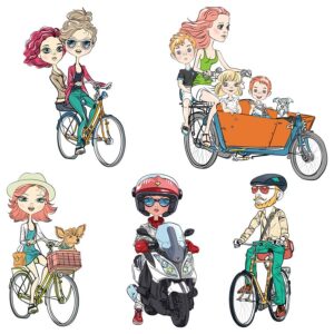 5 وکتور کارتونی دختر دوچرخه سوار فانتزی - وکتور مرد و زن سوار دچرخه و موتورسیکلت