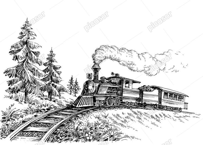 وکتور نقاشی قطار قدیمی در جنگل طرح اسکچ - وکتور اسکچ از قطار قدیمی