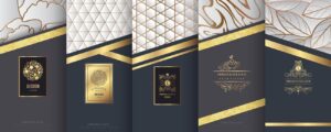 5 وکتور طراحی جلد و بسته بندی لوکس با مونوگرام لوگو لیبل تزئینی و اسلیمی طلایی - وکتور برگ و زمینه سنگ مرمر