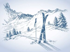 وکتور نقاشی اسکی در کوهستان طرح اسکچ - وکتور اسکچ از چوب اسکی در برف