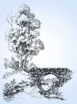 وکتور نقاشی پل سنگی قدیمی و رودخانه طرح اسکچ - وکتور اسکچ از پل قدیمی سنگی