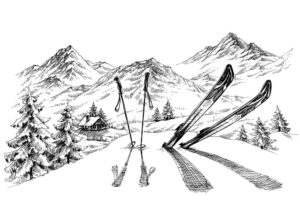 وکتور نقاشی اسکی در کوهستان طرح اسکچ - وکتور اسکچ از چوب اسکی در برف