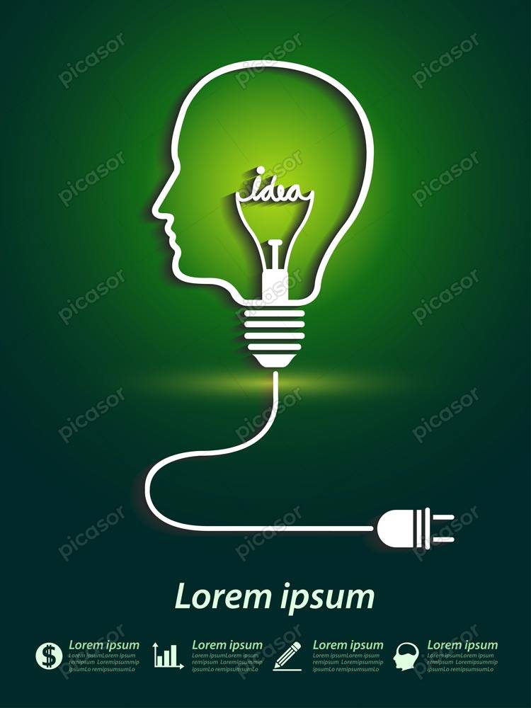وکتور سر انسان و لامپ مفهومی - وکتور لامپ و ایده و خلاقیت