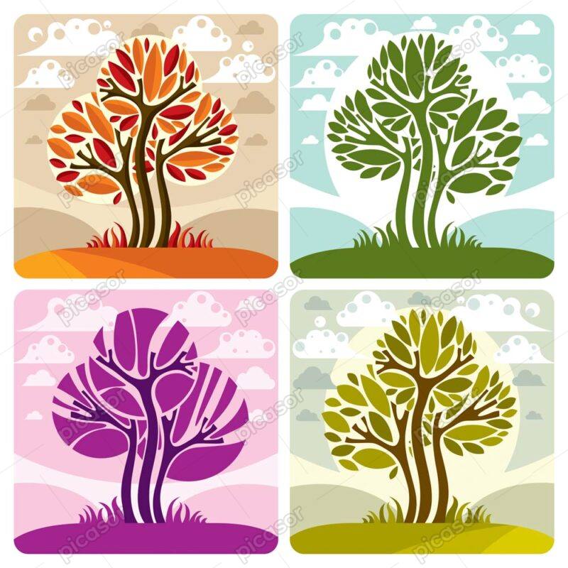4 وکتور درخت فصل پاییز و تابستان طرح هنری فصل تابستان و پاییز