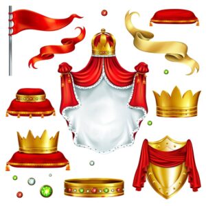 11 وکتور لوازم و لباسهای سلطنتی شاه وکتور تاج و شنل شاه و پرچم و انگشتر و جواهر