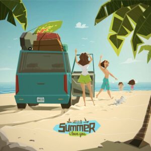 وکتور کارتونی خانواده در سفر ساحلی - وکتور تصویرسازی سفر خانوادگی با ماشین در تعطیلات تابستانی طرح کارتون