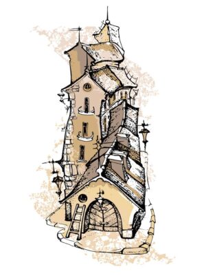 وکتور نقاشی آبرنگ خانه و ساختمان قدیمی از بالا - وکتور نقاشی آبرنگی کوچه و خیابان قدیمی