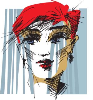 وکتور نقاشی اسکچ چهره زن جوان با موهای کوتاه قرمز - وکتور چهره زن اسکچ وکتور نقاشی صورت زن جوان خطی