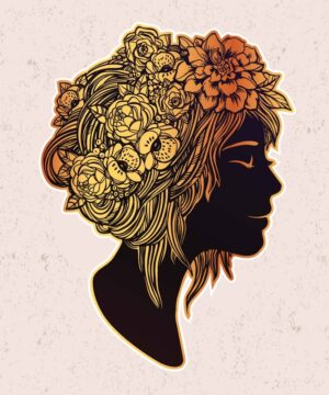 وکتور زن جوان با تاج گل - وکتور تصویرسازی هنری از صورت زن جوان با تاج گل وکتور چهره زن جوان