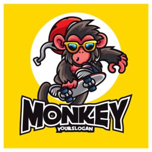 وکتور میمون اسکیت سوار عینکی طرح کارتون - وکتور تصویرسازی میمون با اسکیت برد و کلاه و عینک