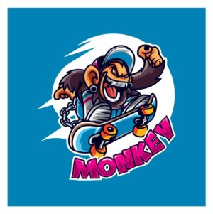 وکتور میمون اسکیت سوار وحشی طرح کارتون - وکتور تصویرسازی میمون با اسکیت برد و کلاه