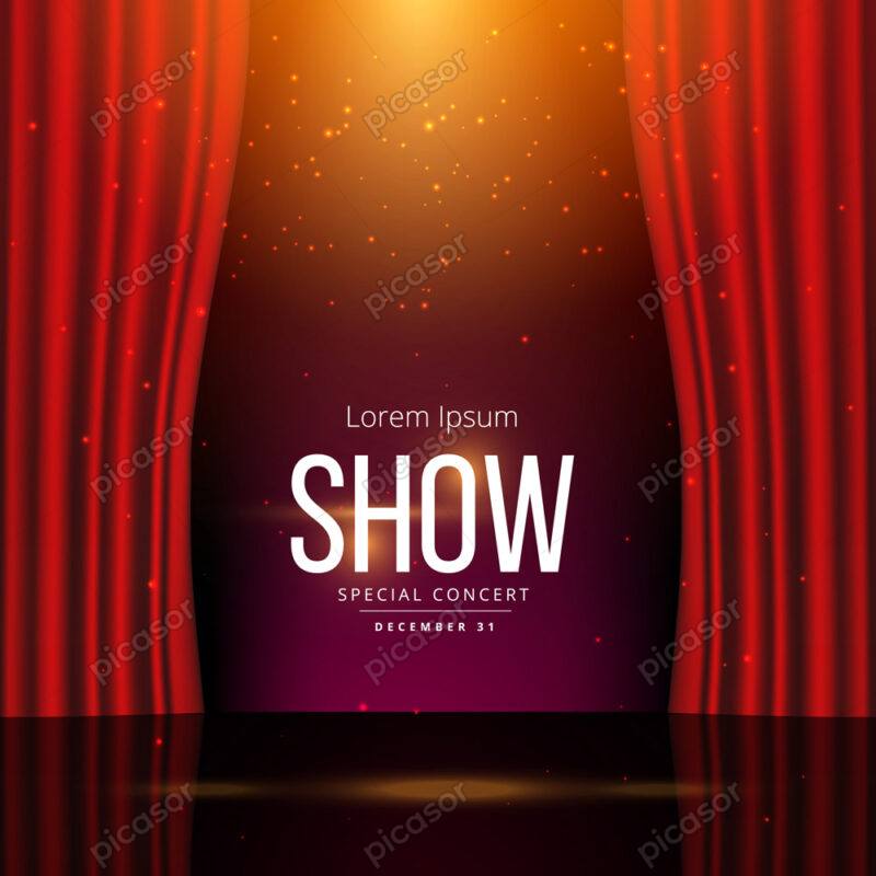 وکتور استیج با پرده نمایش قرمز و نورپردازی - وکتور سالن نمایش سینما و تئاتر