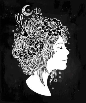 وکتور زن جوان با تاج گل و ماه طرح سیاه سفید - وکتور تصویرسازی هنری از صورت زن جوان با تاج گل وکتور چهره زن جوان