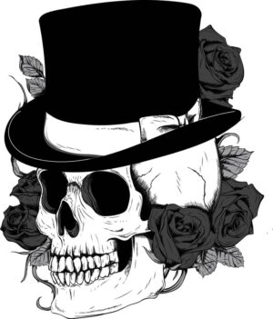 وکتور جمجمه با کلاه و گلهای رز - وکتور تصویرسازی هنری از جمجمه با کلاه