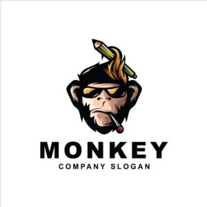 وکتور لوگو میمون عینکی طرح کارتون - وکتور تصویرسازی سر میمون و مداد