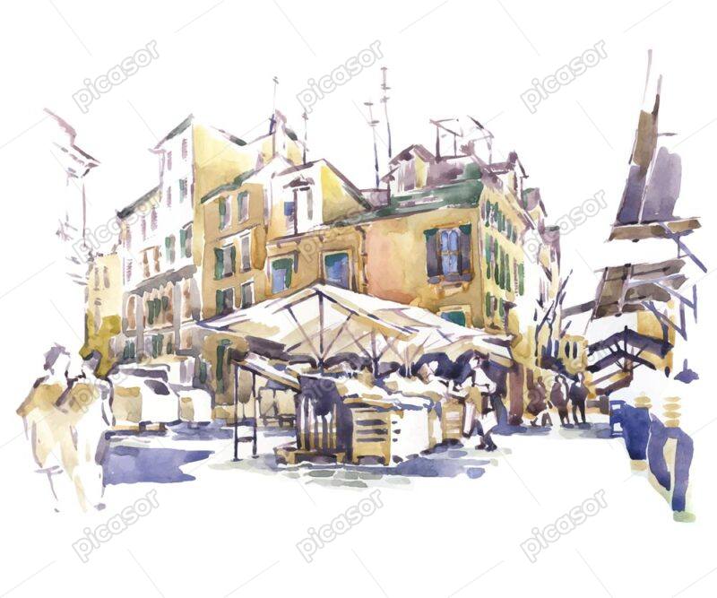 وکتور نقاشی آبرنگی کوچه و خیابان قدیمی - وکتور ساختمان و شهر بازار قدیمی نقاشی آبرنگ