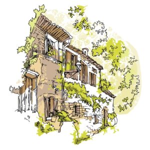 وکتور نقاشی خانه سنگی روستایی قدیمی - وکتور نقاشی آبرنگی ساختمان روستایی سبز