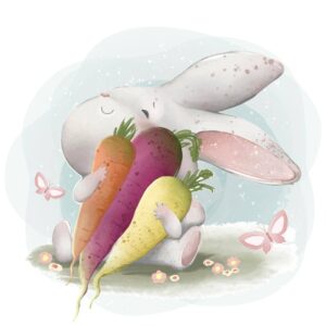 وکتور نقاشی خرگوش با هویج و چغندر در دست - وکتور تصویرسازی کودکانه از بچه خرگوش