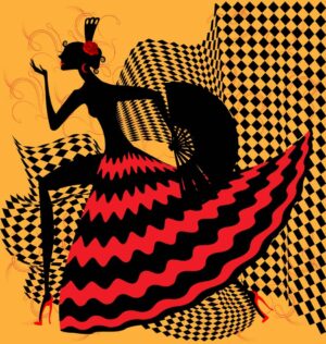 وکتور زن رقصنده فلامنکو با دامن بلند و موسیقی فلامنکو - وکتور پس زمینه رقص فلامنکو اسپانیایی