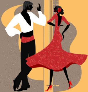 وکتور زن و مرد رقصنده فلامنکو - وکتور رقص فلامنکو اسپانیایی - وکتور پس زمینه زوج رقصنده با زمینه سمبلهای اسپانیا