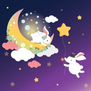 وکتور 2 خرگوش پرواز در آسمان شب روی ماه - وکتور تصویرسازی کودکانه از خرگوشها در آسمان شب